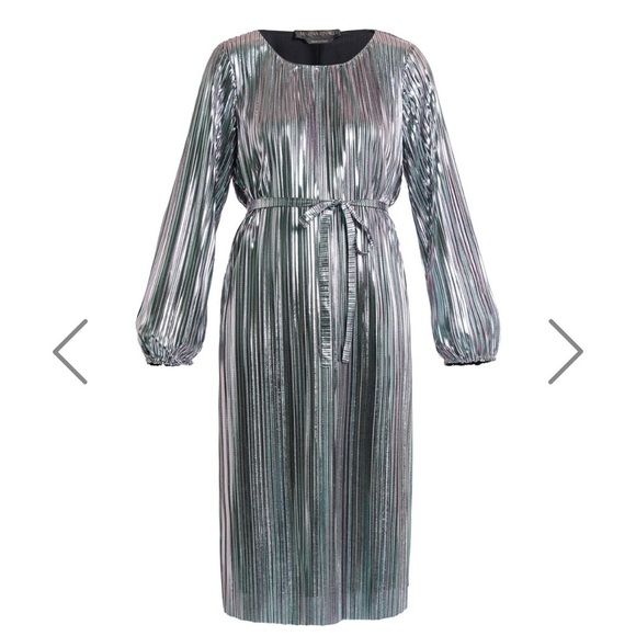 Marina Rinaldi Midi Metallic Silver Pleated Dress Size 8 Party New Years - Picture 3 of 12